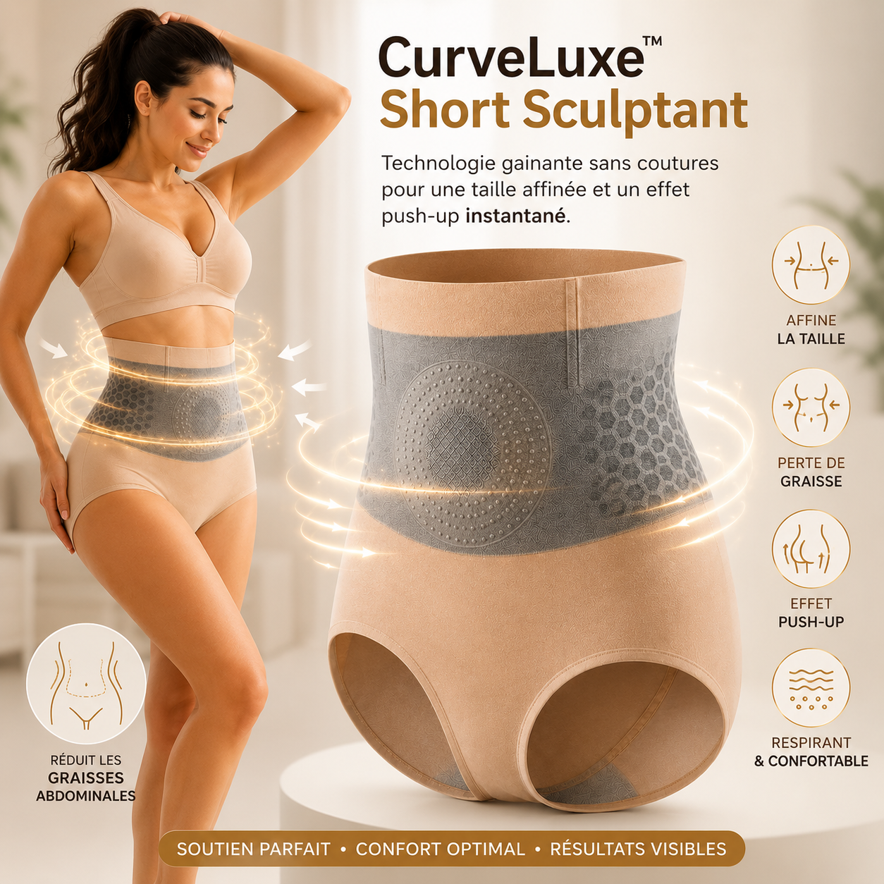 CurveLuxe™ Short Sculptant | Technologie Gainante Sans Coutures pour une Taille Affinée et un Effet Push-Up Instantané