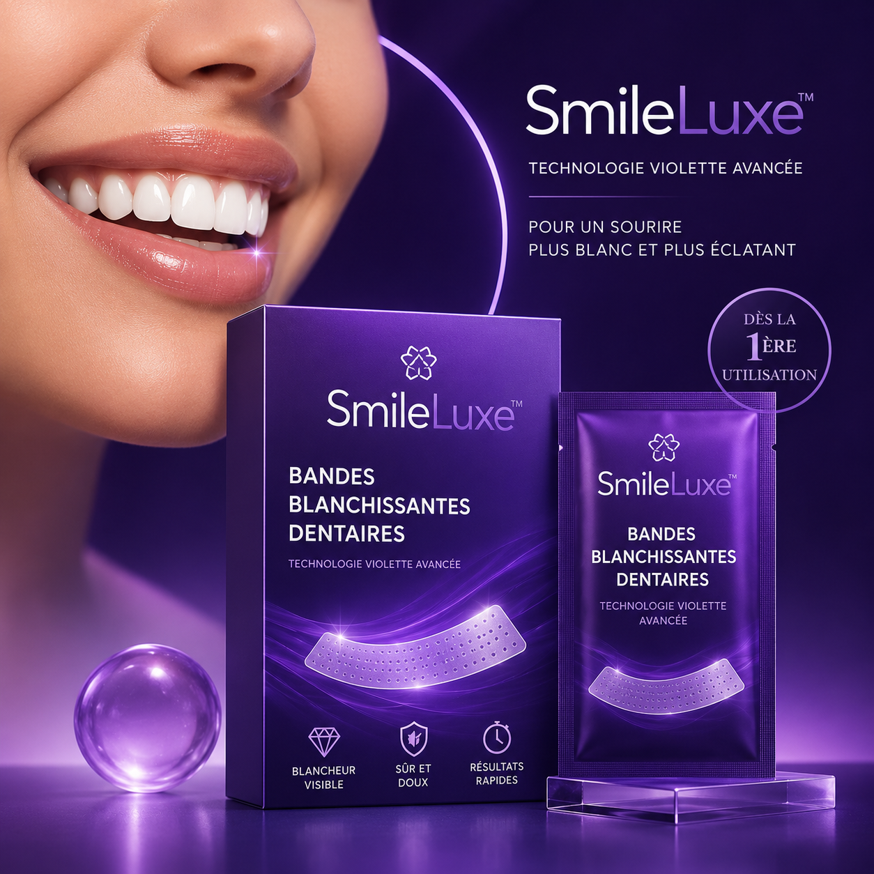 SmileLuxe™ Bandes Blanchissantes Dentaires | Technologie Violette Avancée pour un Sourire Plus Blanc et Plus Éclatant